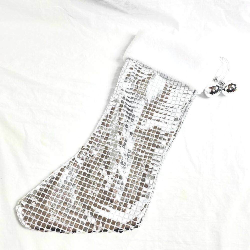 Silver Sequin Christmas Stocking White Faux Fur Top